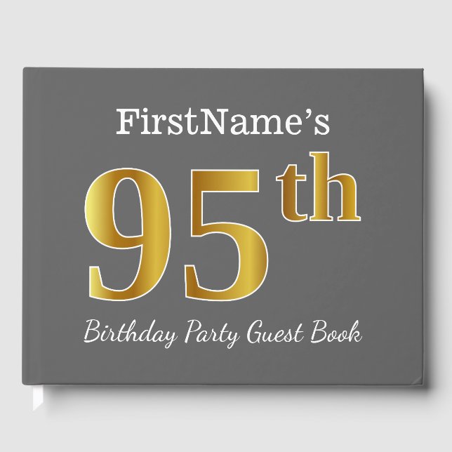 Grey, Faux Gold 95th Birthday Party + Custom Name Guest Book (Front)