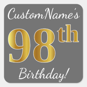 Grey, Faux Gold 98th Birthday + Custom Name Square Sticker