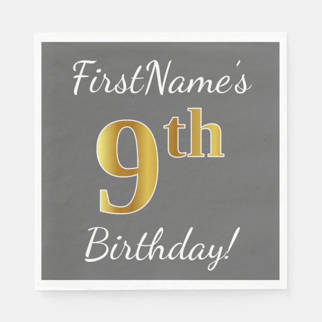Grey, Faux Gold 9th Birthday + Custom Name Napkin (Front)