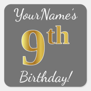 Grey, Faux Gold 9th Birthday + Custom Name Sticker