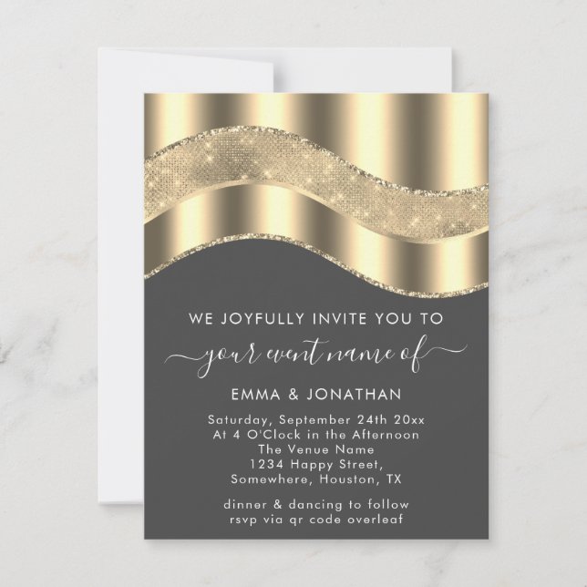 Grey Faux Gold Border Wave QR Code Wedding (Front)