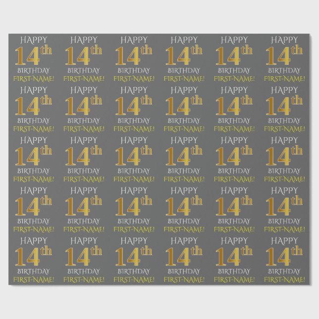 Grey, Faux Gold "HAPPY 14th BIRTHDAY" Wrapping Paper (Flat)