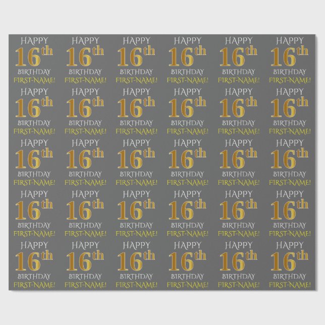 Grey, Faux Gold "HAPPY 16th BIRTHDAY" Wrapping Paper (Flat)