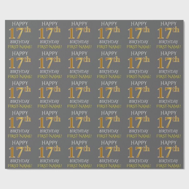 Grey, Faux Gold "HAPPY 17th BIRTHDAY" Wrapping Paper (Flat)