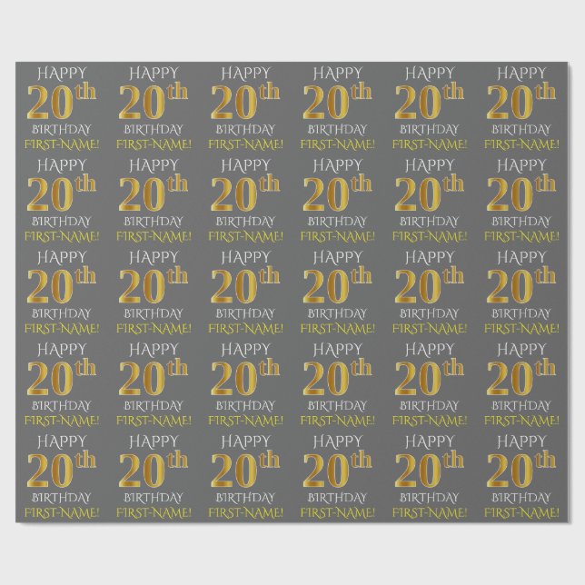Grey, Faux Gold "HAPPY 20th BIRTHDAY" Wrapping Paper (Flat)