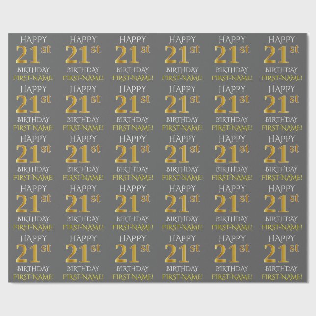 Grey, Faux Gold "HAPPY 21st BIRTHDAY" Wrapping Paper (Flat)