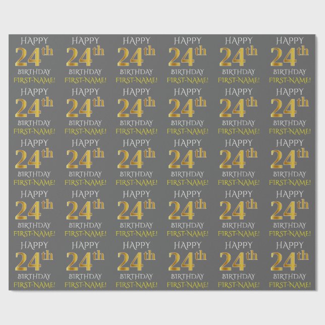 Grey, Faux Gold "HAPPY 24th BIRTHDAY" Wrapping Paper (Flat)