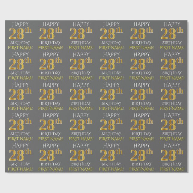Grey, Faux Gold "HAPPY 28th BIRTHDAY" Wrapping Paper (Flat)