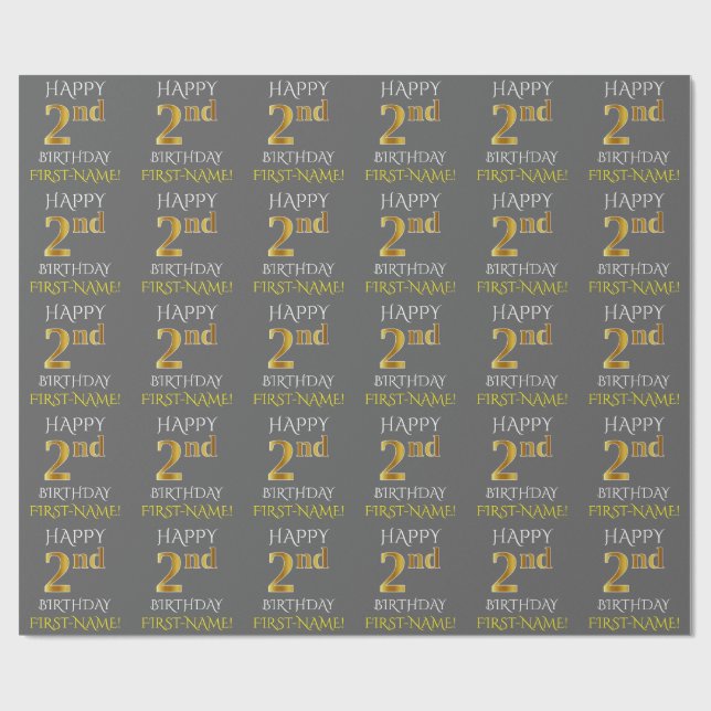 Grey, Faux Gold "HAPPY 2nd BIRTHDAY" Wrapping Paper (Flat)