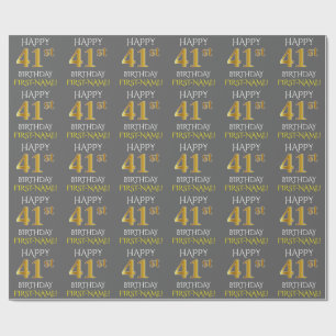 Grey, Faux Gold "HAPPY 41st BIRTHDAY" Wrapping Paper