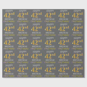 Grey, Faux Gold "HAPPY 42nd BIRTHDAY" Wrapping Paper