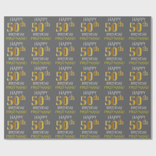 Grey, Faux Gold "HAPPY 50th BIRTHDAY" Wrapping Paper
