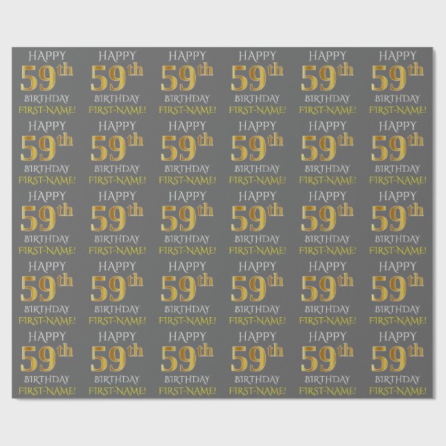 Grey, Faux Gold "HAPPY 59th BIRTHDAY" Wrapping Paper (Flat)