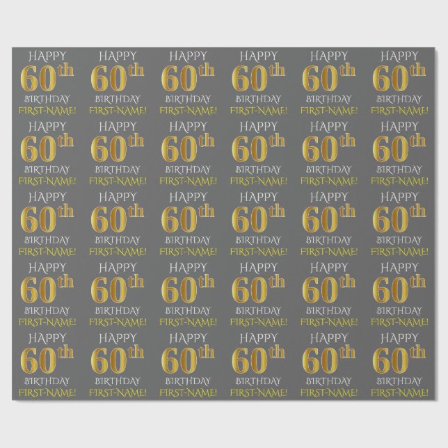 Grey, Faux Gold "HAPPY 60th BIRTHDAY" Wrapping Paper (Flat)