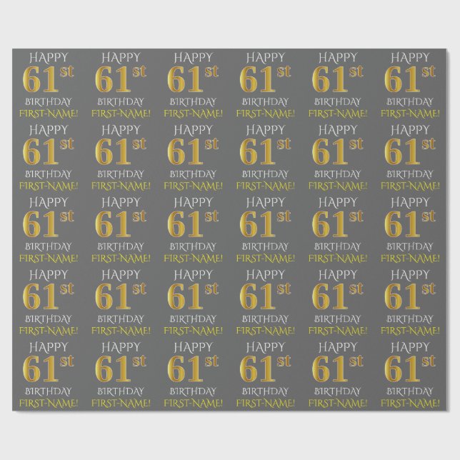 Grey, Faux Gold "HAPPY 61st BIRTHDAY" Wrapping Paper (Flat)