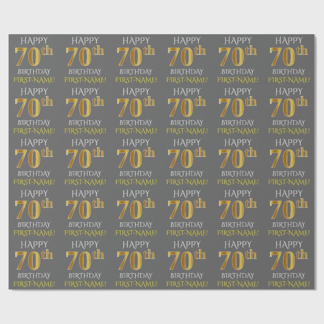 Grey, Faux Gold "HAPPY 70th BIRTHDAY" Wrapping Paper (Flat)