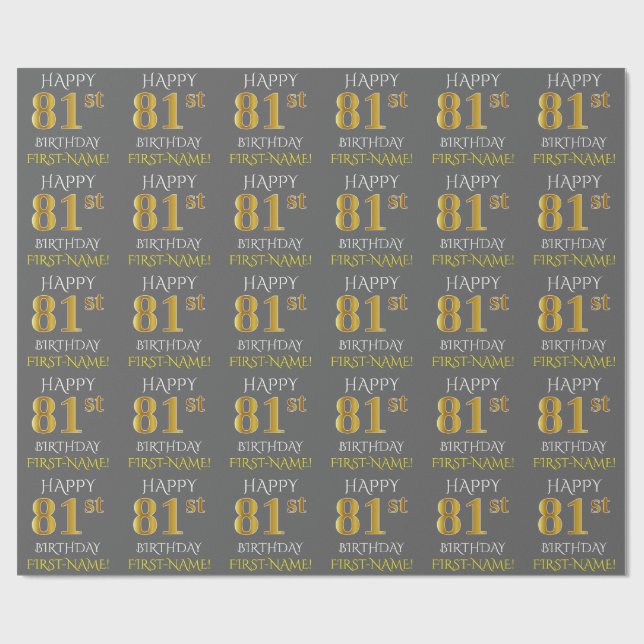 Grey, Faux Gold "HAPPY 81st BIRTHDAY" Wrapping Paper (Flat)