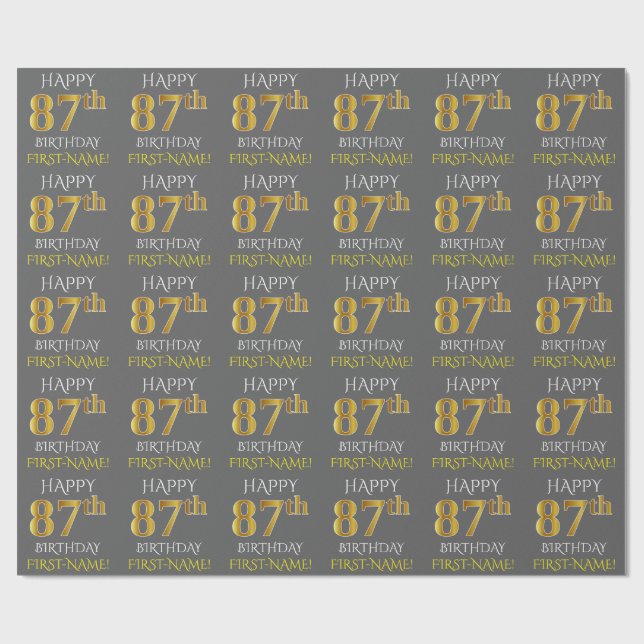 Grey, Faux Gold "HAPPY 87th BIRTHDAY" Wrapping Paper (Flat)