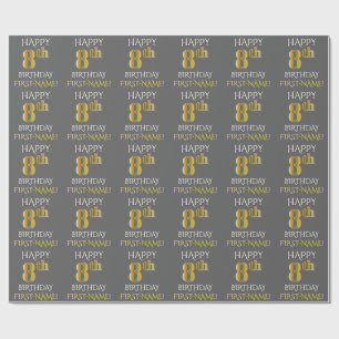 Grey, Faux Gold "HAPPY 8th BIRTHDAY" Wrapping Paper