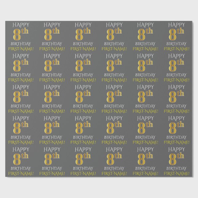 Grey, Faux Gold "HAPPY 8th BIRTHDAY" Wrapping Paper (Flat)