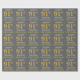 Grey, Faux Gold "HAPPY 91st BIRTHDAY" Wrapping Paper