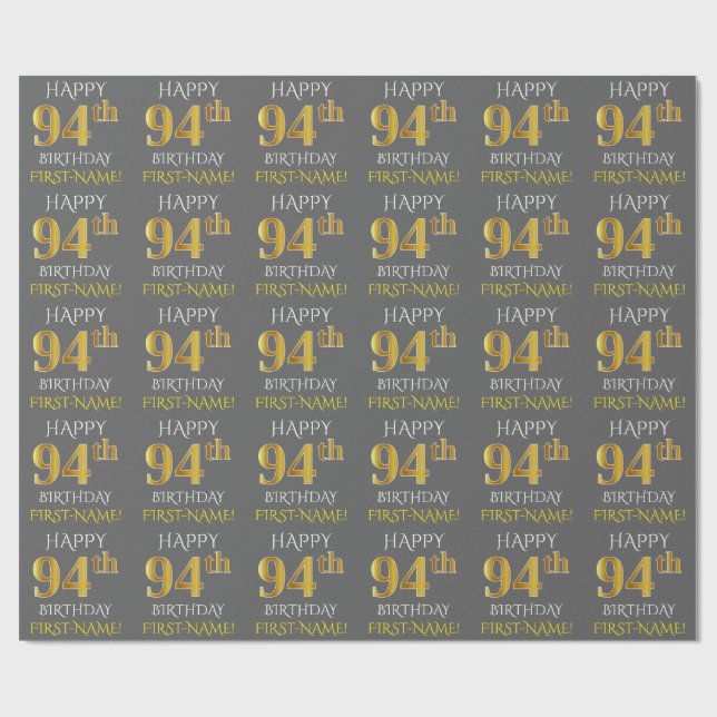 Grey, Faux Gold "HAPPY 94th BIRTHDAY" Wrapping Paper (Flat)