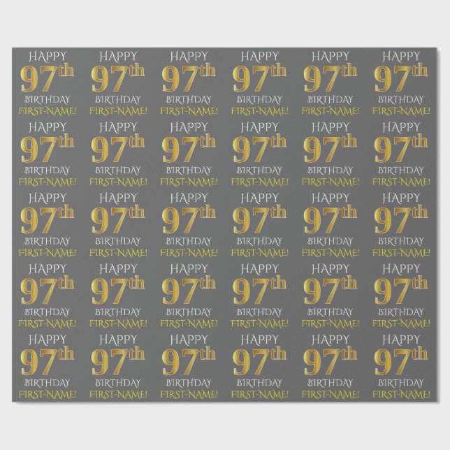 Grey, Faux Gold "HAPPY 97th BIRTHDAY" Wrapping Paper (Flat)