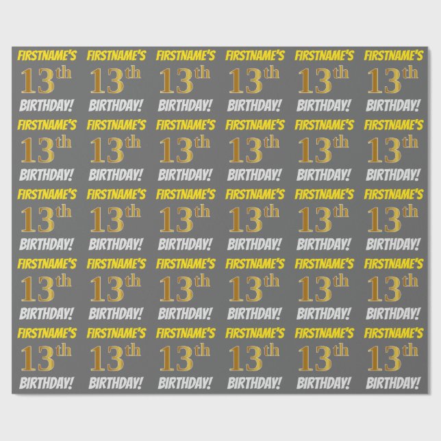 Grey, Faux/Imitation Gold, "13th BIRTHDAY" Wrapping Paper (Flat)