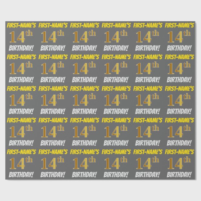Grey, Faux/Imitation Gold, "14th BIRTHDAY" Wrapping Paper (Flat)