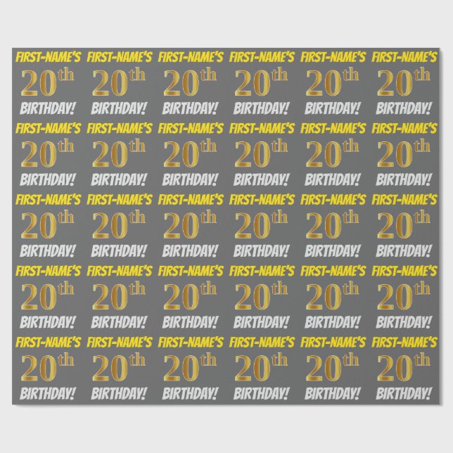 Grey, Faux/Imitation Gold, "20th BIRTHDAY" Wrapping Paper (Flat)