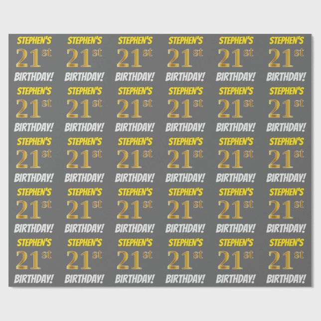 Grey, Faux/Imitation Gold, "21st BIRTHDAY" Wrapping Paper (Flat)