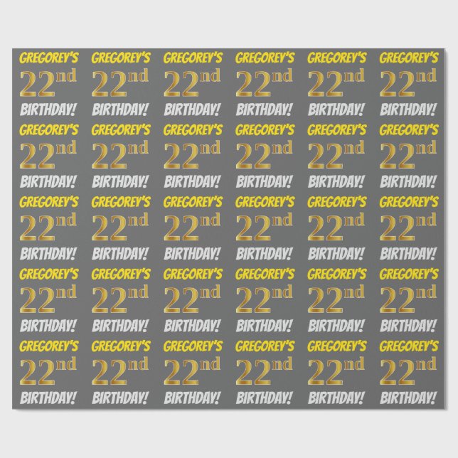 Grey, Faux/Imitation Gold, "22nd BIRTHDAY" Wrapping Paper (Flat)