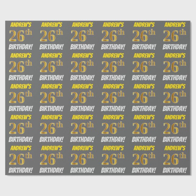 Grey, Faux/Imitation Gold, "26th BIRTHDAY" Wrapping Paper (Flat)