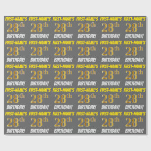 Grey, Faux/Imitation Gold, "28th BIRTHDAY" Wrapping Paper