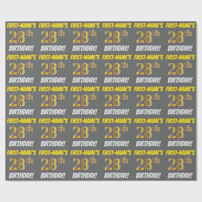 Grey, Faux/Imitation Gold, "28th BIRTHDAY" Wrapping Paper (Flat)