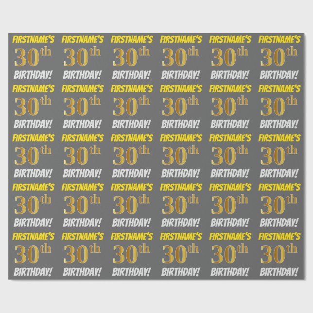 Grey, Faux/Imitation Gold, "30th BIRTHDAY" Wrapping Paper (Flat)