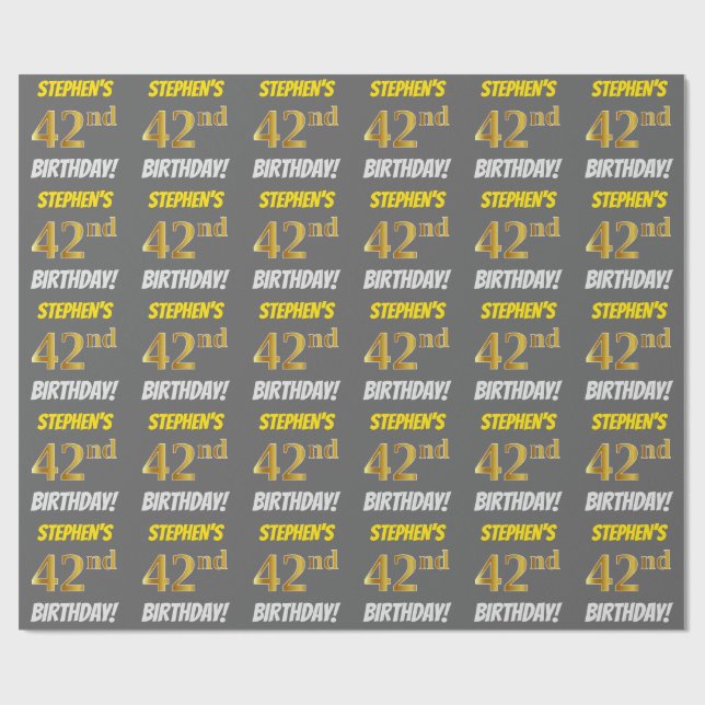 Grey, Faux/Imitation Gold, "42nd BIRTHDAY" Wrapping Paper (Flat)