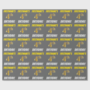 Grey, Faux/Imitation Gold, "4th BIRTHDAY" Wrapping Paper