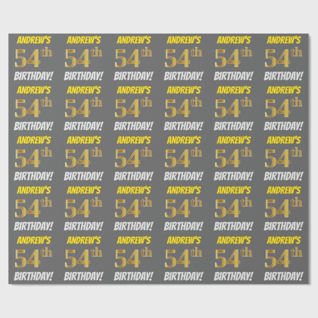 Grey, Faux/Imitation Gold, "54th BIRTHDAY" Wrapping Paper (Flat)