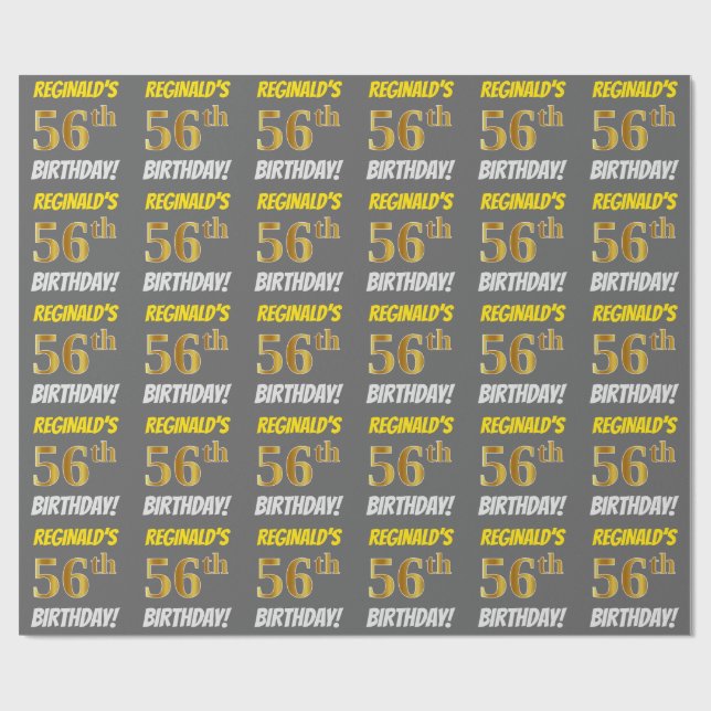 Grey, Faux/Imitation Gold, "56th BIRTHDAY" Wrapping Paper (Flat)