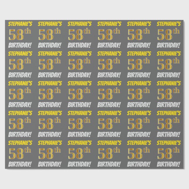 Grey, Faux/Imitation Gold, "58th BIRTHDAY" Wrapping Paper (Flat)