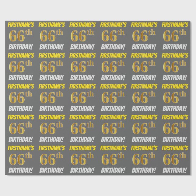 Grey, Faux/Imitation Gold, "66th BIRTHDAY" Wrapping Paper (Flat)