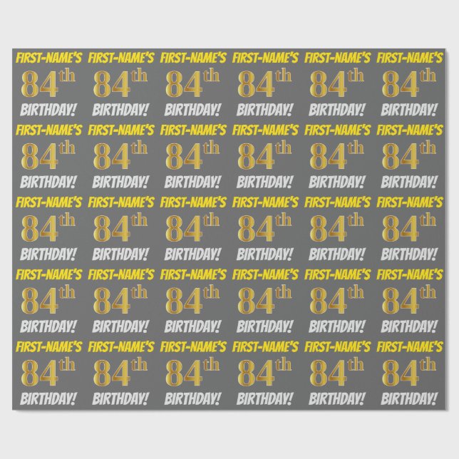 Grey, Faux/Imitation Gold, "84th BIRTHDAY" Wrapping Paper (Flat)