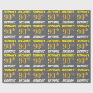 Grey, Faux/Imitation Gold, "90th BIRTHDAY" Wrapping Paper