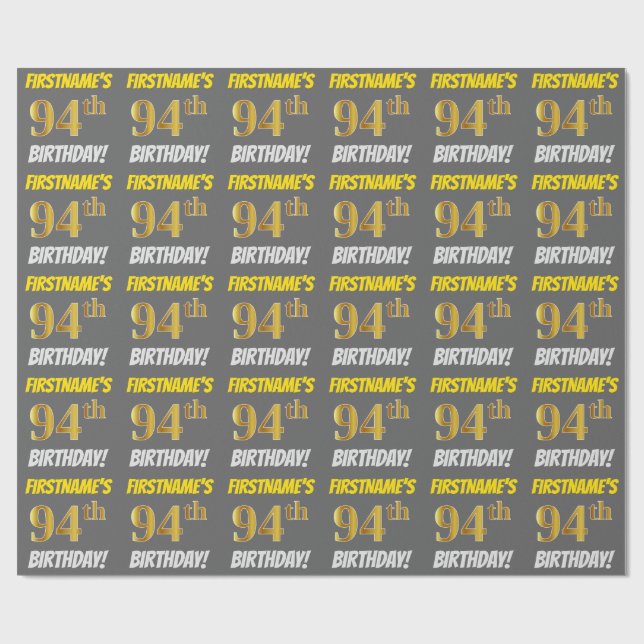 Grey, Faux/Imitation Gold, "94th BIRTHDAY" Wrapping Paper (Flat)