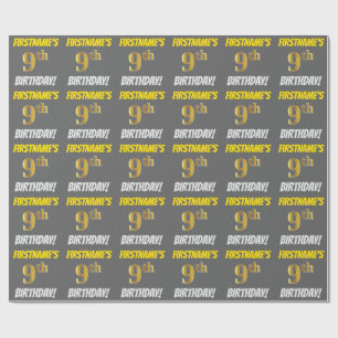Grey, Faux/Imitation Gold, "9th BIRTHDAY" Wrapping Paper