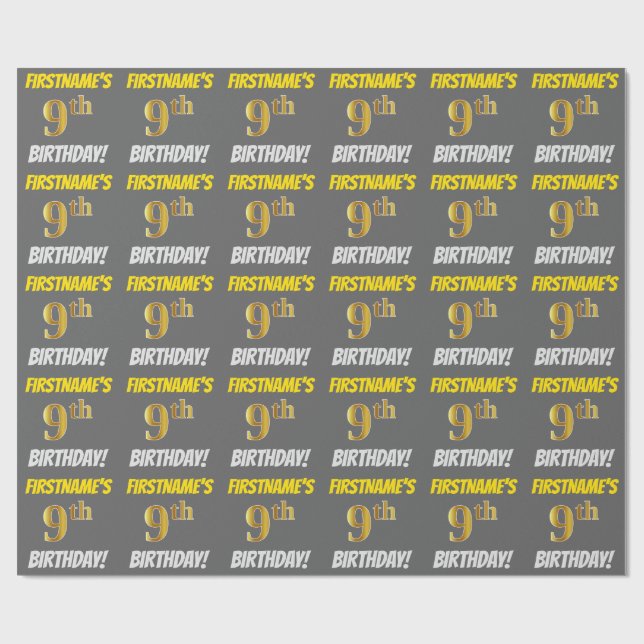 Grey, Faux/Imitation Gold, "9th BIRTHDAY" Wrapping Paper (Flat)