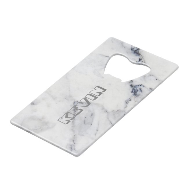 Grey faux marble credit card bottle opener (Back Angled)