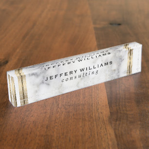 Grey Faux Marble Gold Stripe Accent Nameplate