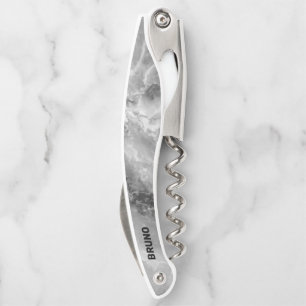 Grey Faux Marble Monogram Waiter's Corkscrew